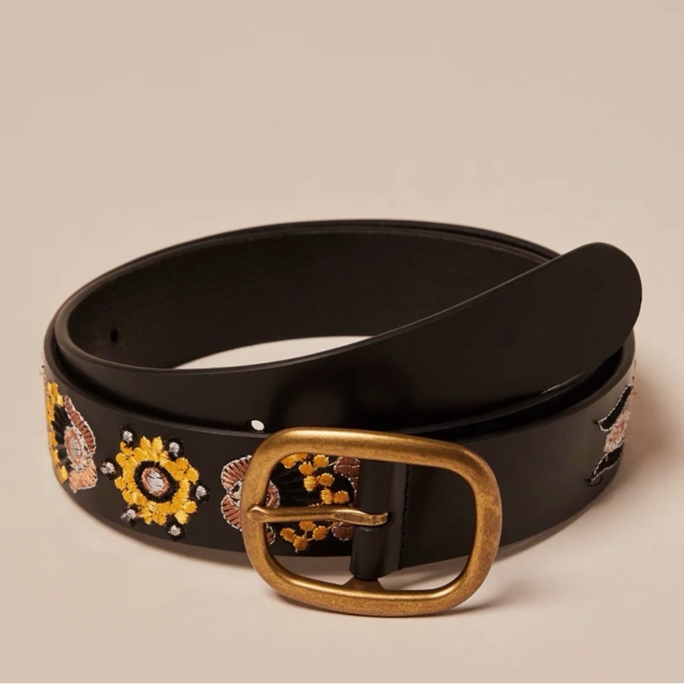 Lucky Nwt Black Embroidered Floral Leather Belt With Brass Buckle